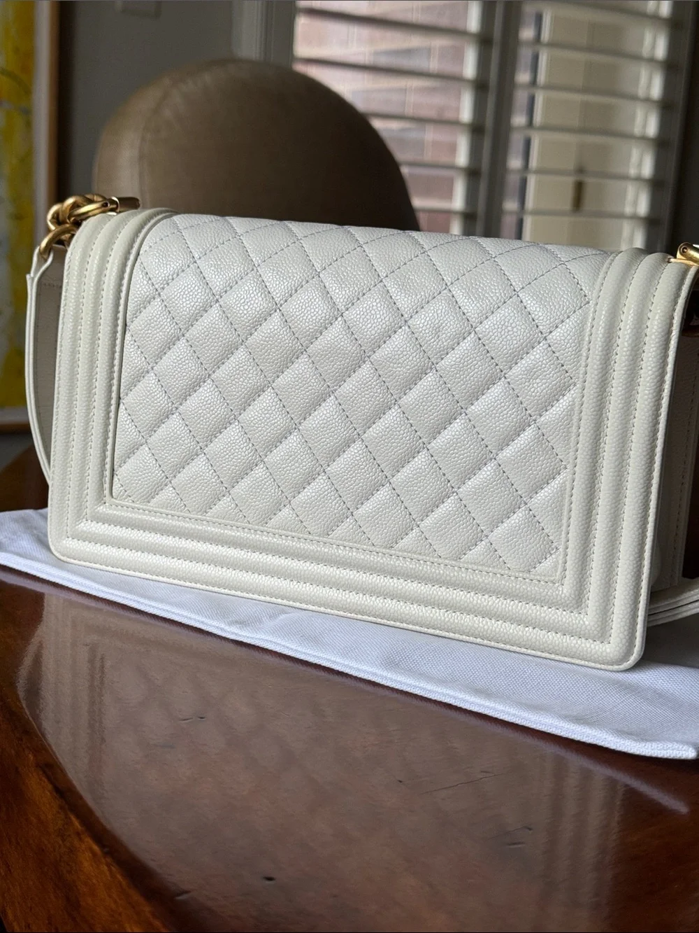 CHANEL Off White  Quilted Boy Shoulder Bag with Gold Hardware